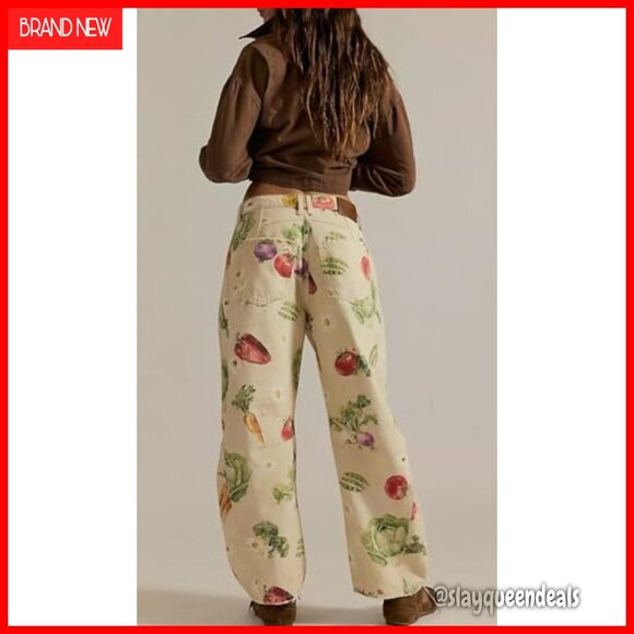 Wide Leg Barrel Jeans Mid Rise Floral Print Denim Sweatpants Y2K - Picture 5 of 7